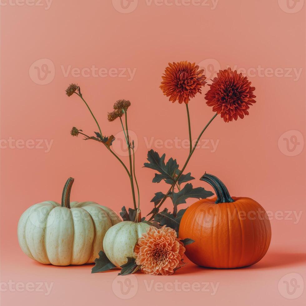 Autumn flowers and pumpkins in vibrant colors with empty copy space photo