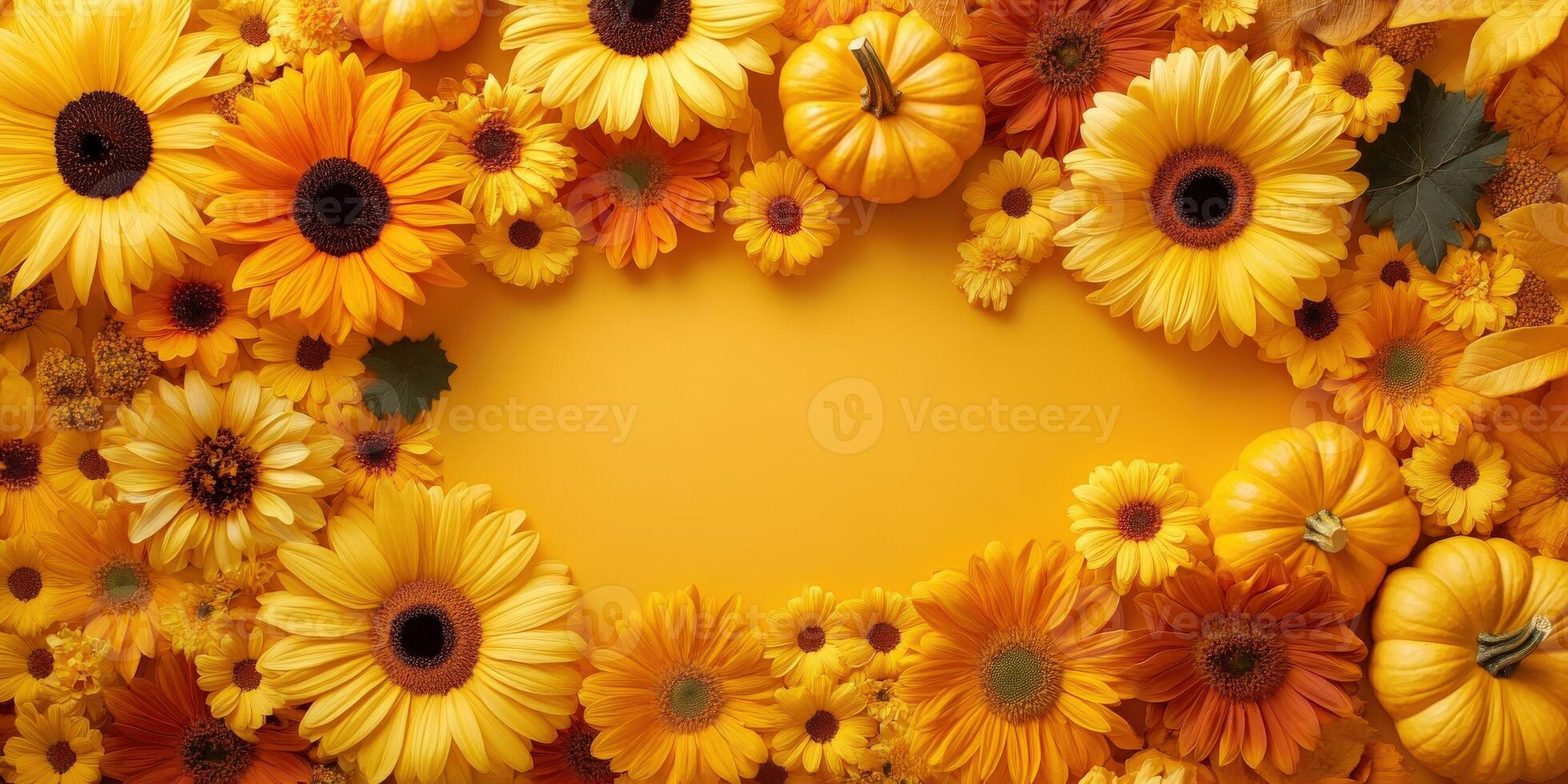 Autumn flowers and pumpkins arranged on a vibrant yellow background photo