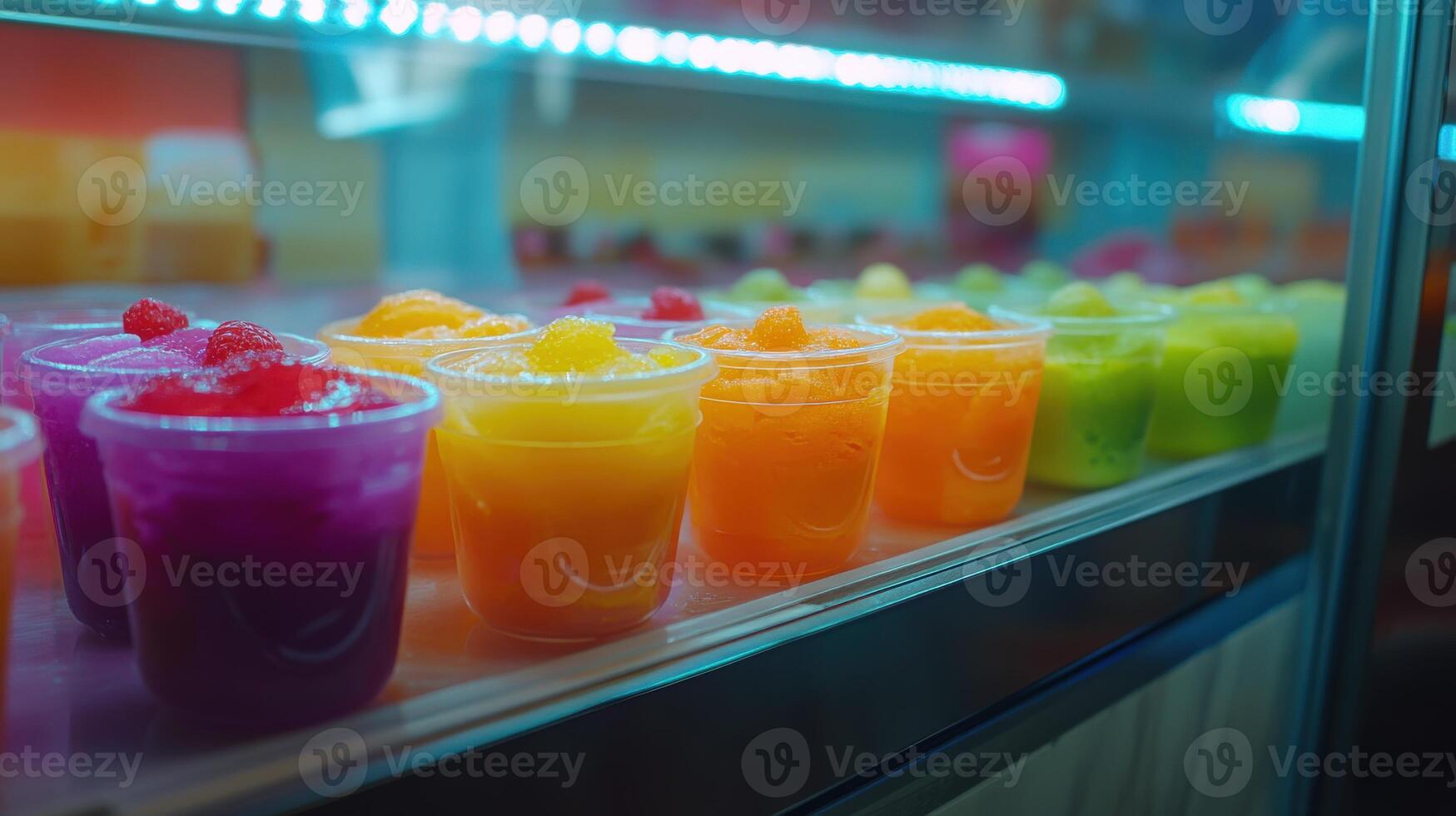 Colorful ice cream pots displayed in a shop window during the afternoon photo
