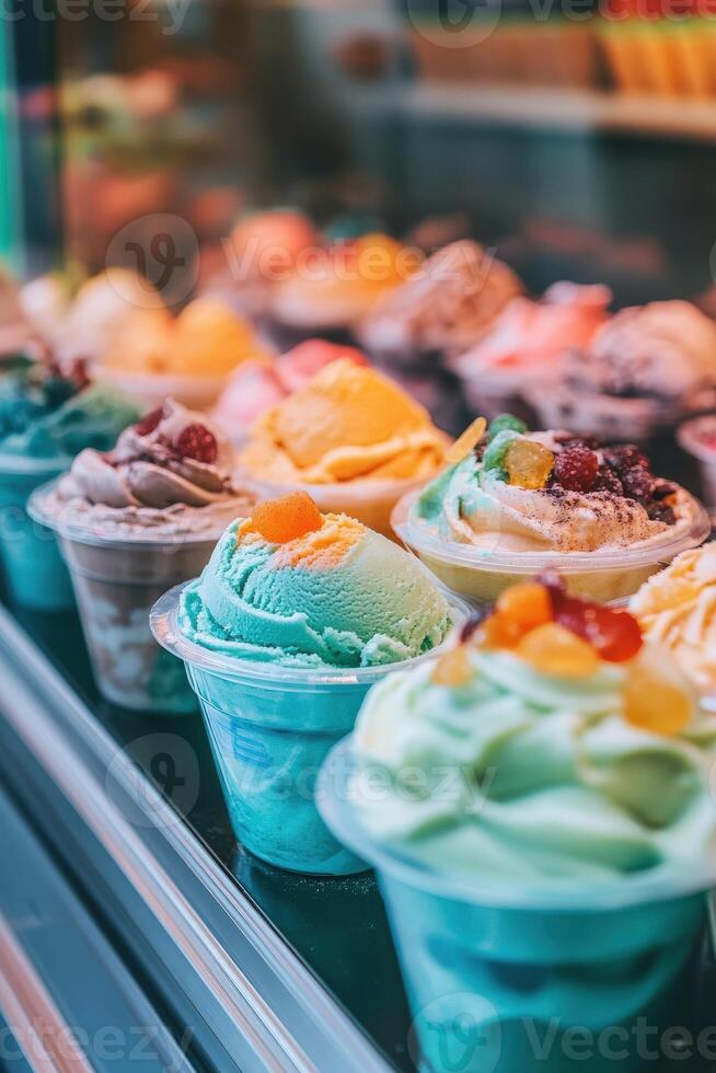 Colorful ice cream pots displayed in a shop window on a sunny day photo