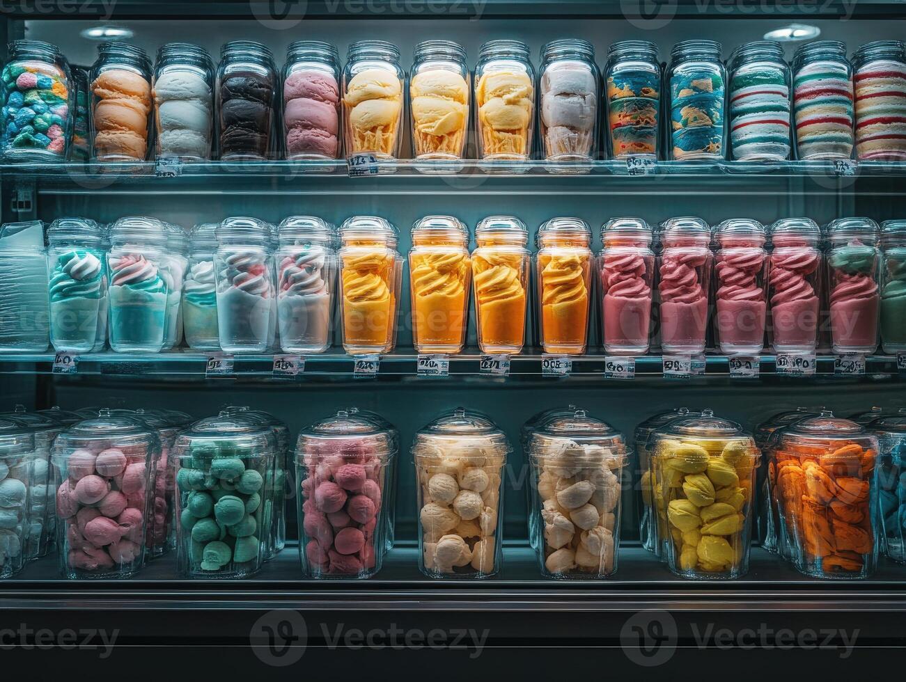 Colorful ice cream displayed in jars at a shop window during daylight photo