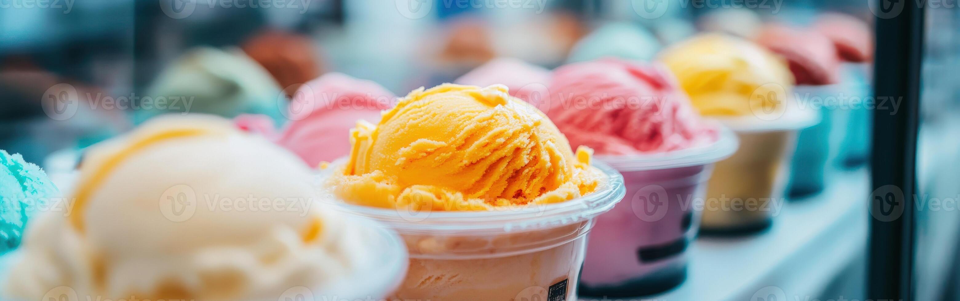 Colorful ice cream pots displayed in shop window on a sunny day photo
