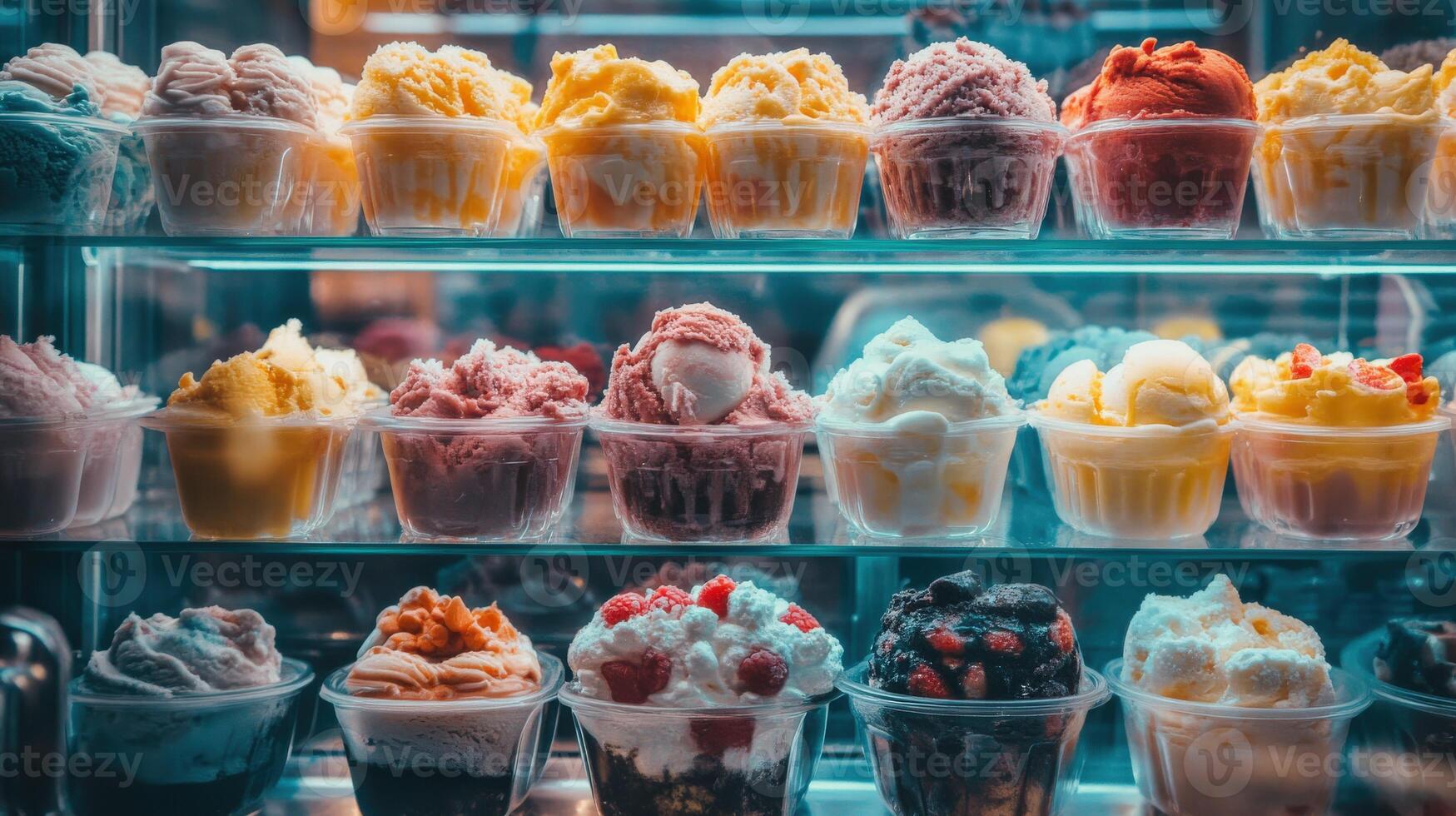 Colorful ice cream cups on display in a shop window in summer photo
