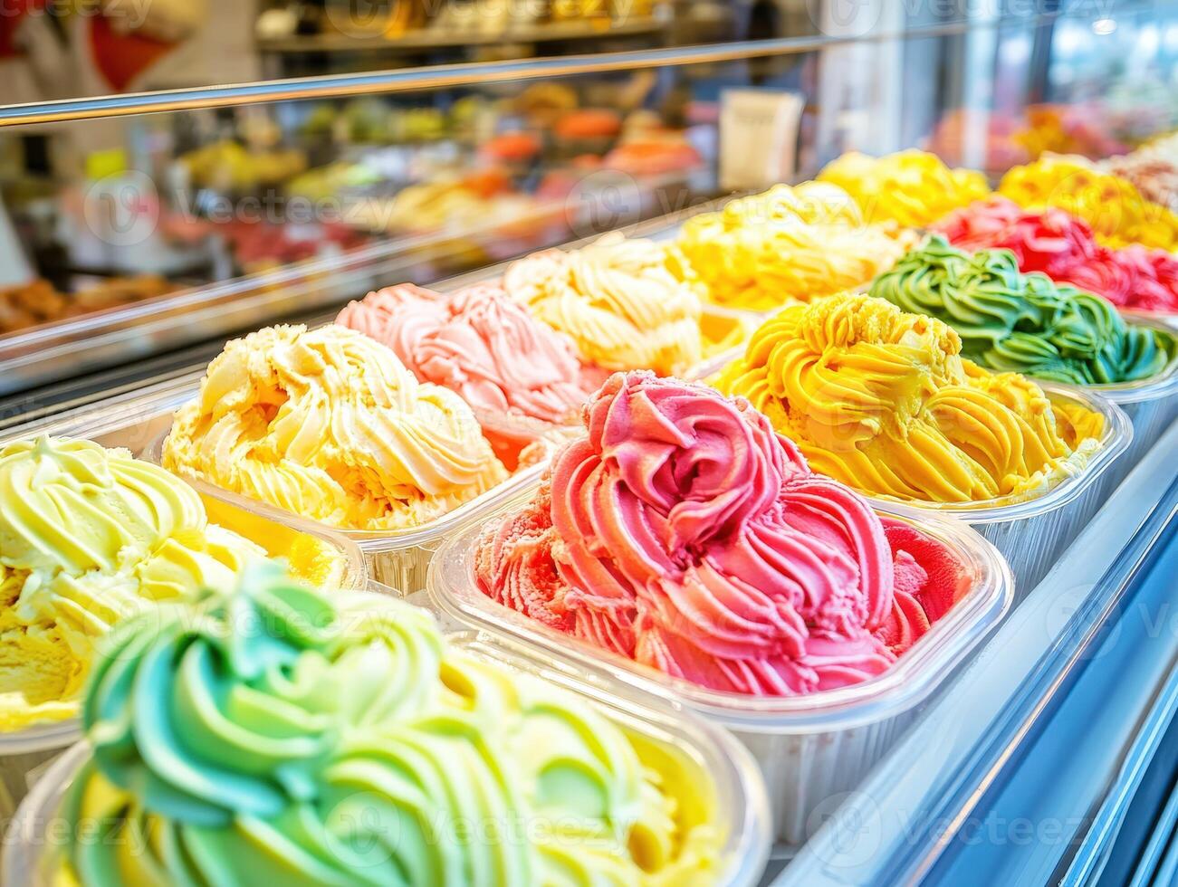 Colorful ice cream cups displayed in a shop window on a sunny day photo