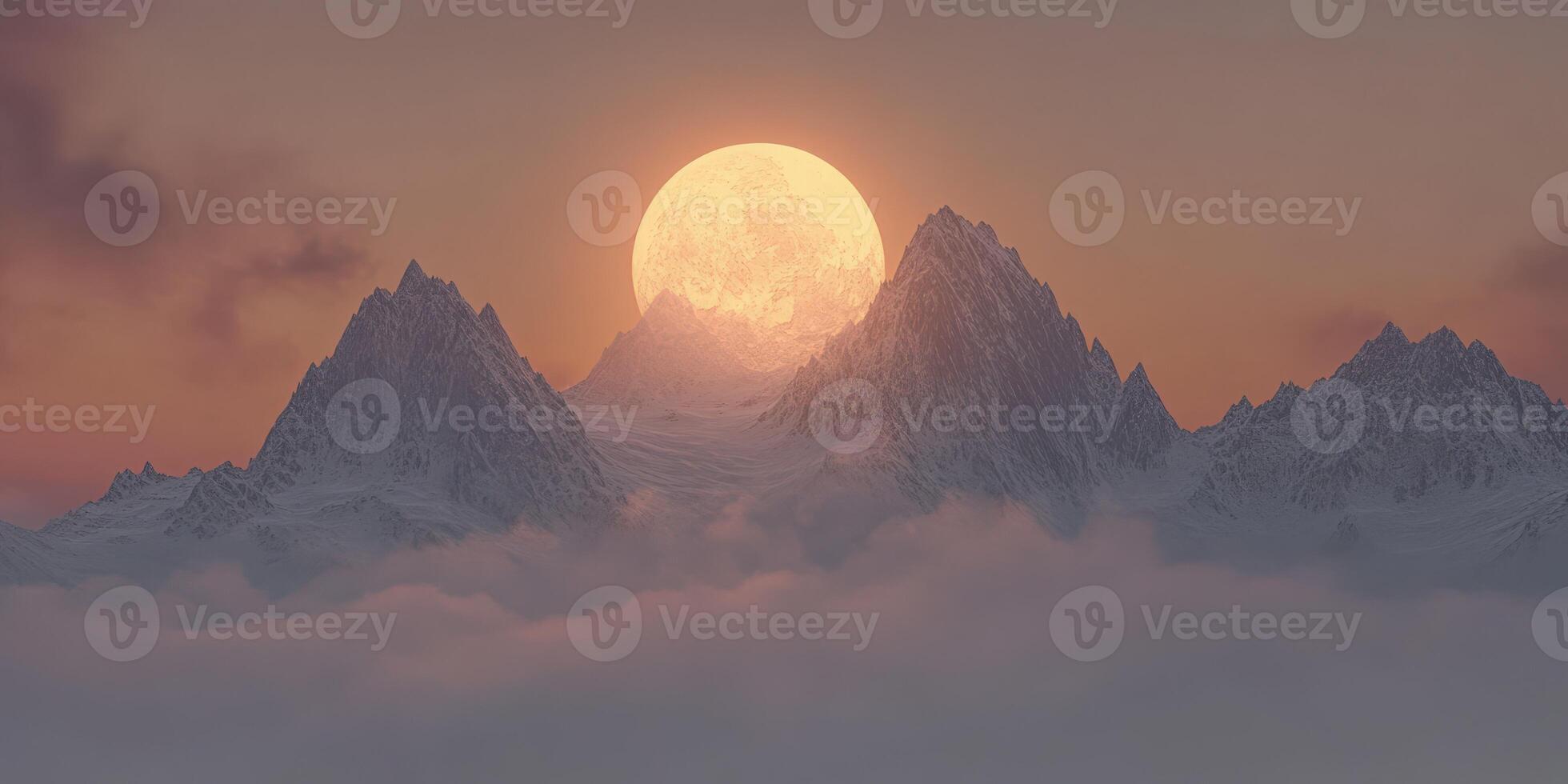 Fog-covered mountains at dusk with a glowing sun photo