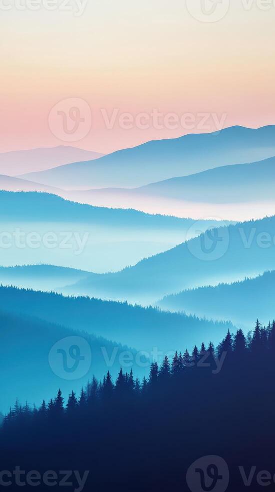 Evening fog envelops mountains under a pastel sky photo