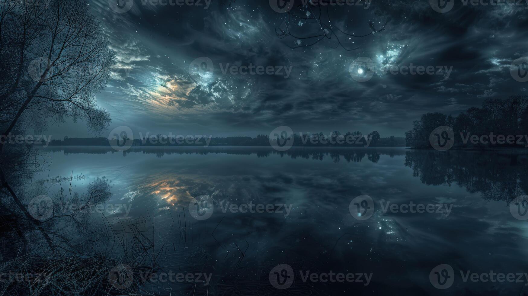 Night clouds reflecting on a tranquil lake at dusk photo