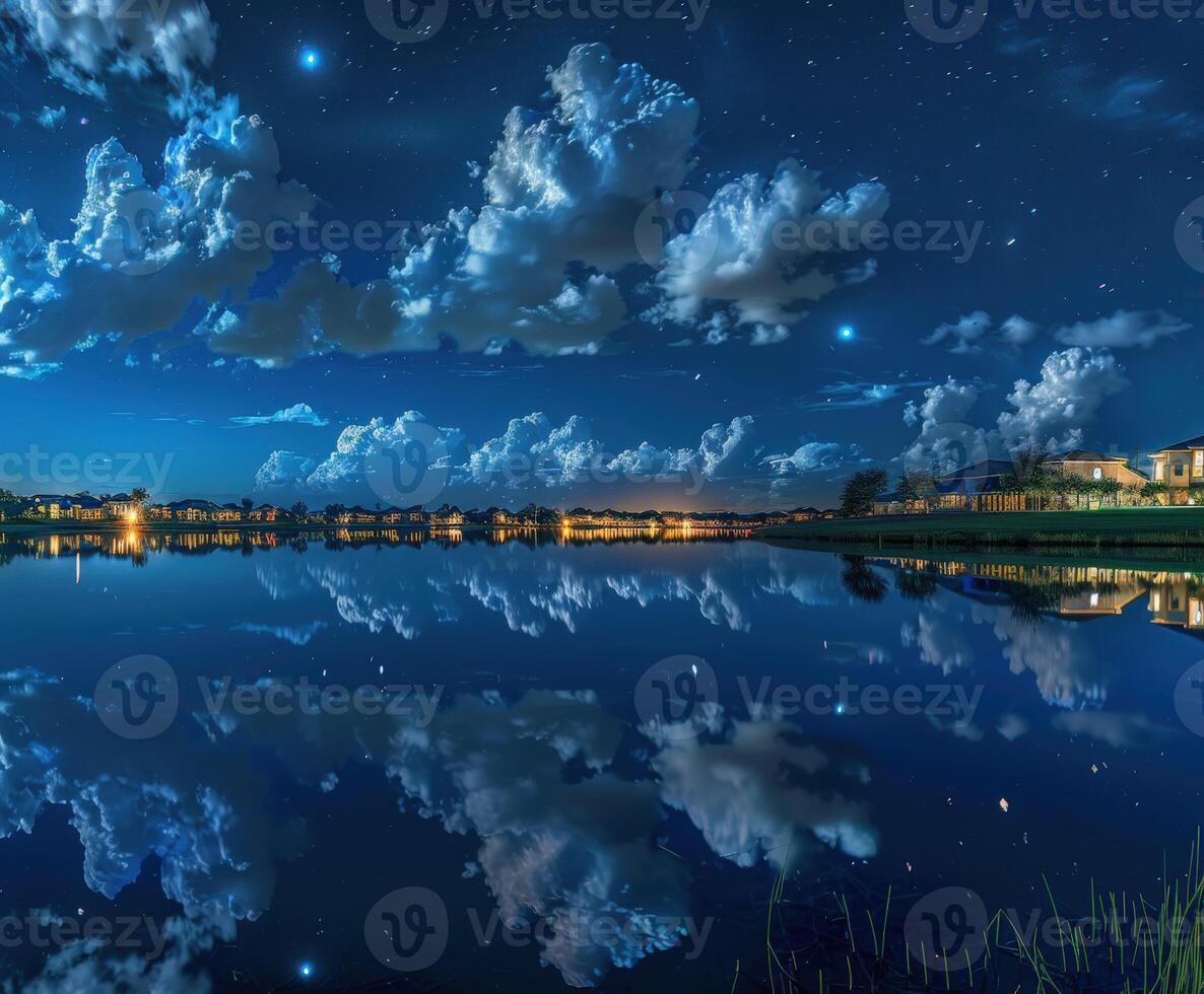 Cloud reflections in a tranquil lake under a starlit night sky photo