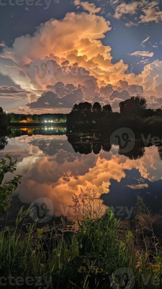 Night clouds illuminating a tranquil lake at twilight photo