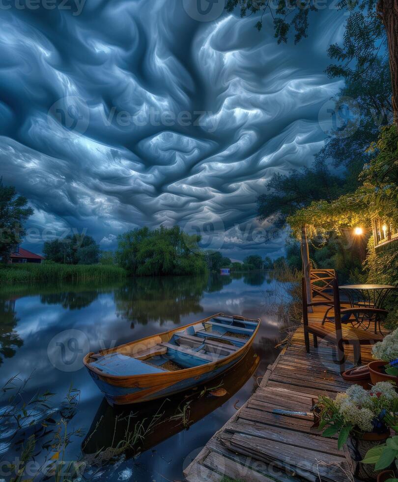 Night clouds mirror over tranquil lake with a boat and dock photo