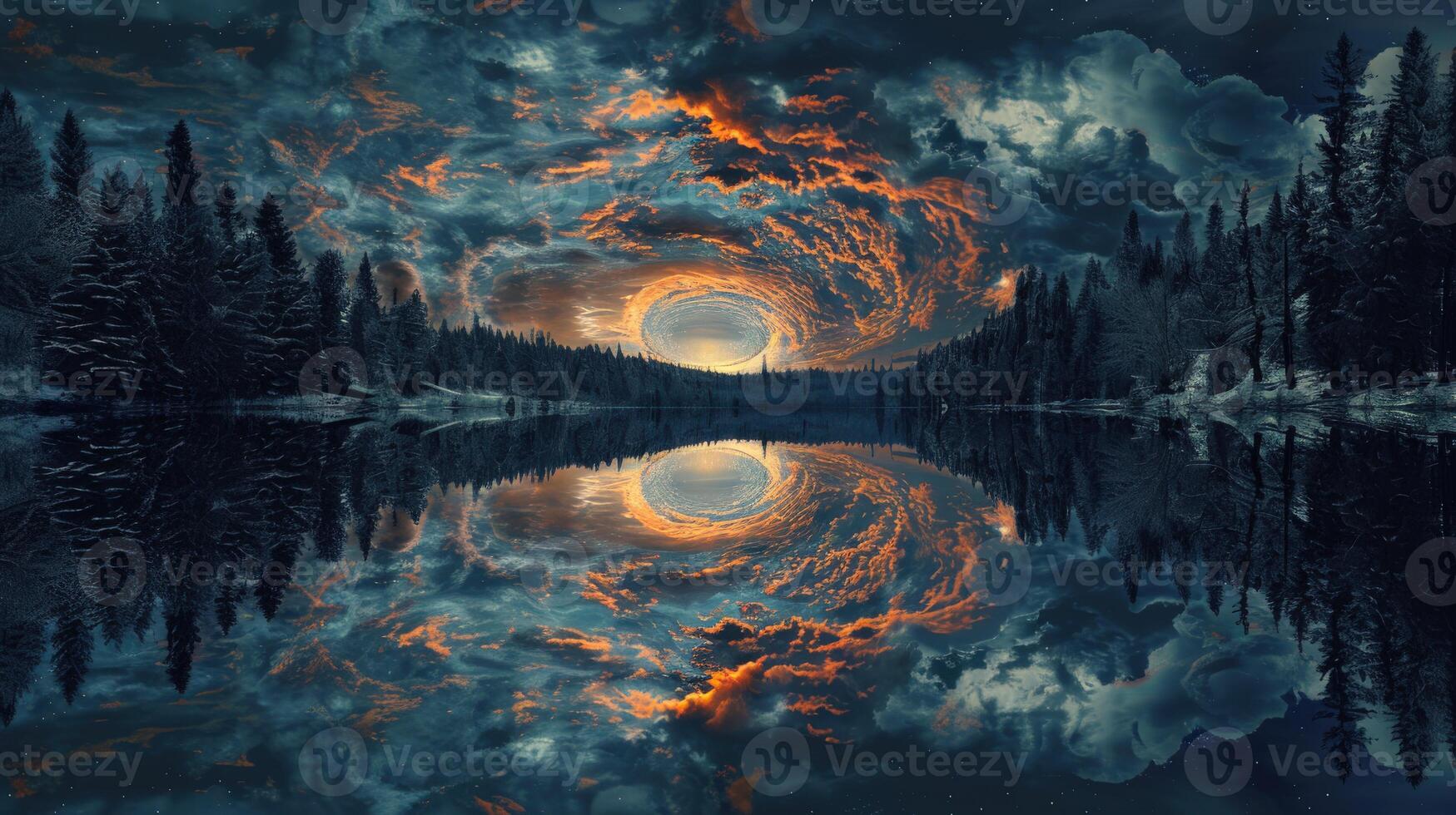 Night clouds swirl above a reflective lake under the starry sky photo