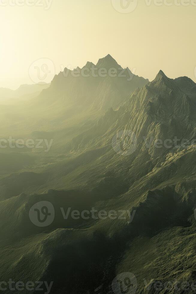 Fog-covered mountains at dusk creating a serene atmosphere photo