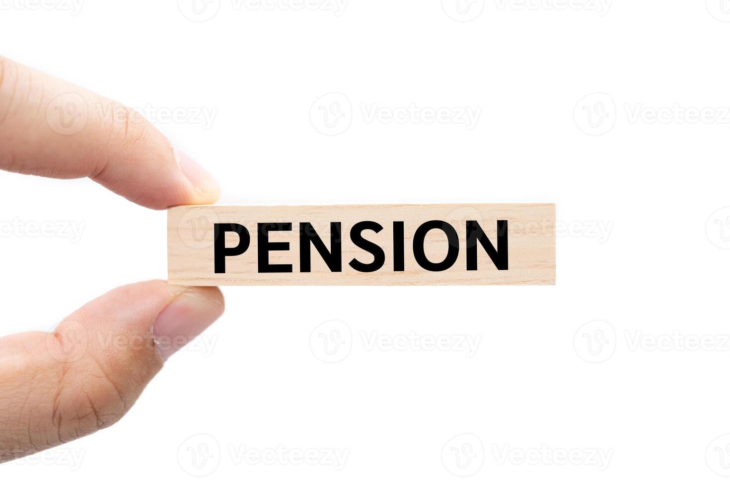 Text PENSION on wooden block with Clipping path isolate on white background. Financial and business concept. retirement saving concept. photo