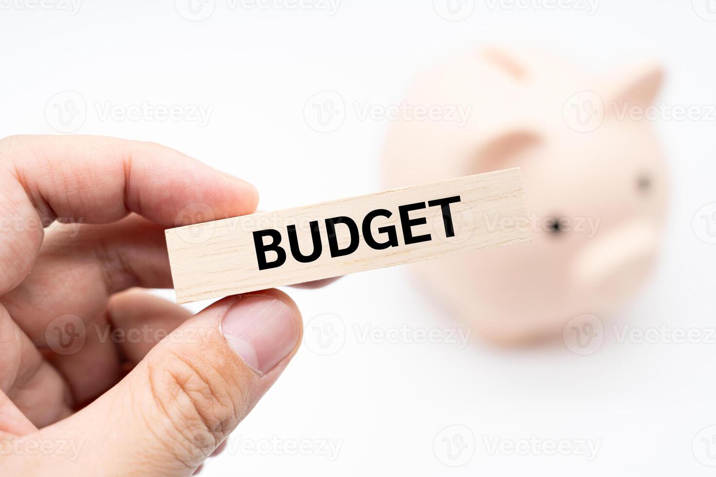 Text BUDGET on wooden block with piggy bank on the background. Financial and business concept. Budget planning concept. photo