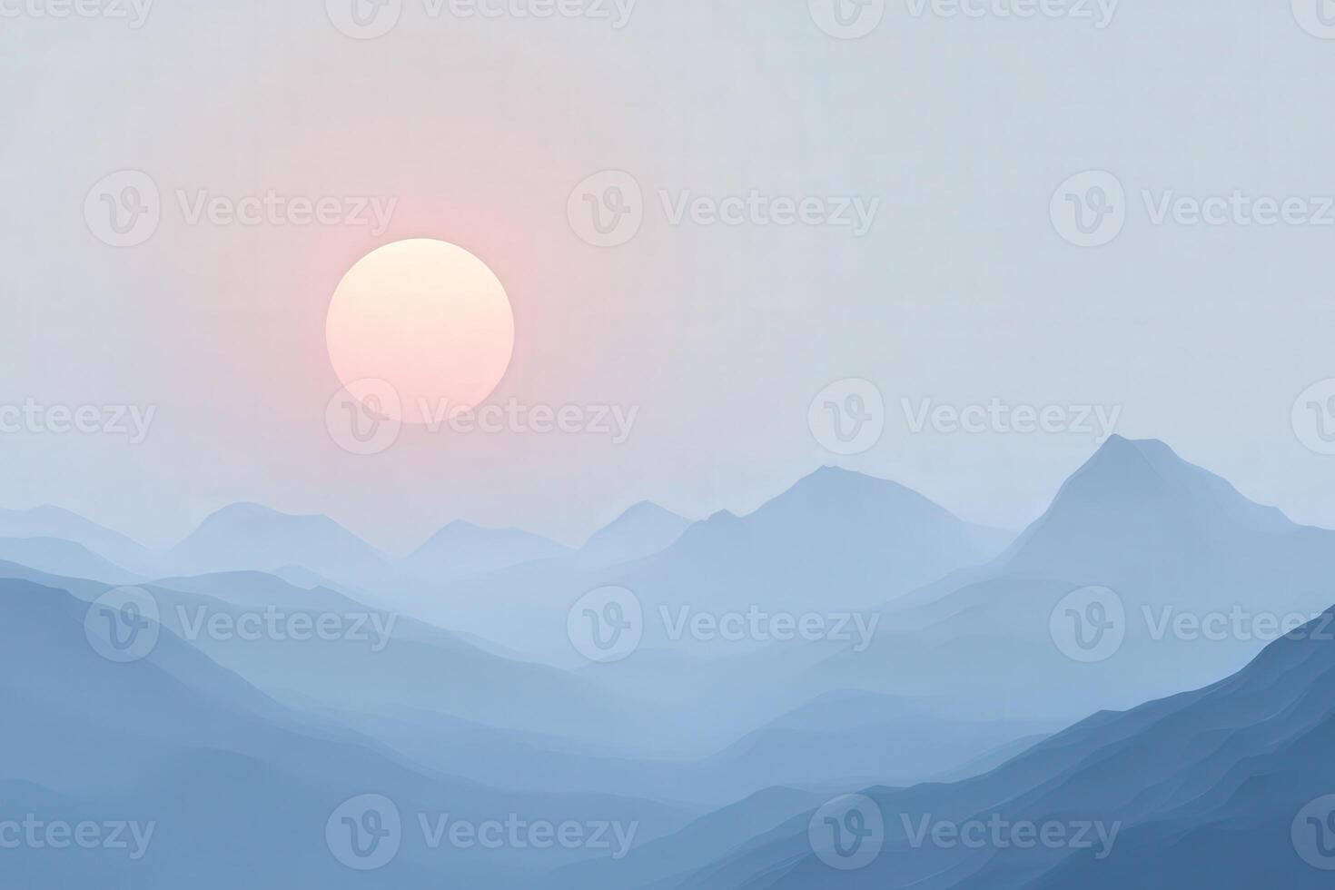 Foggy evening mountains with soft sun setting in the background photo