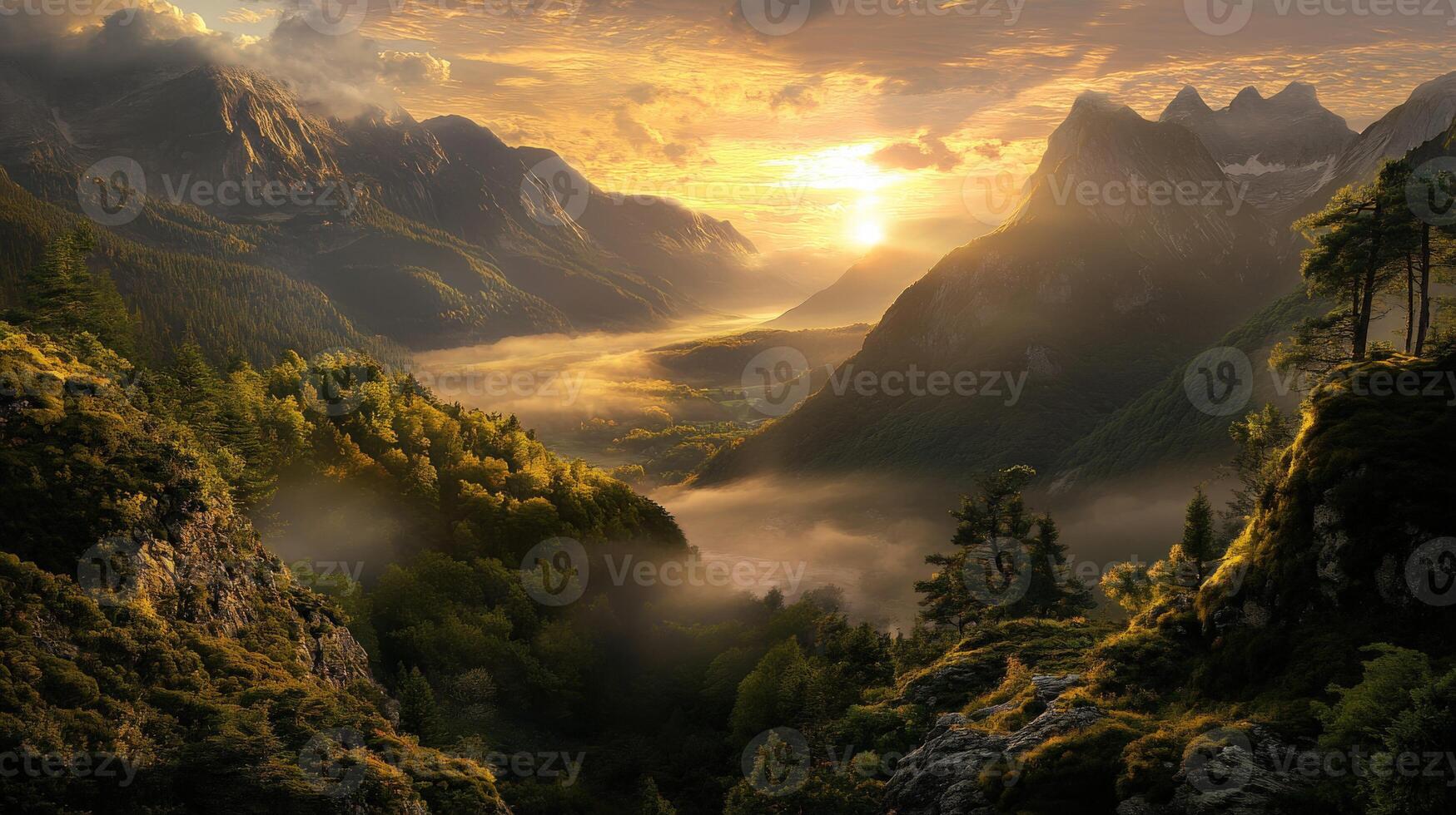 Evening fog blankets mountains under a golden sunset photo