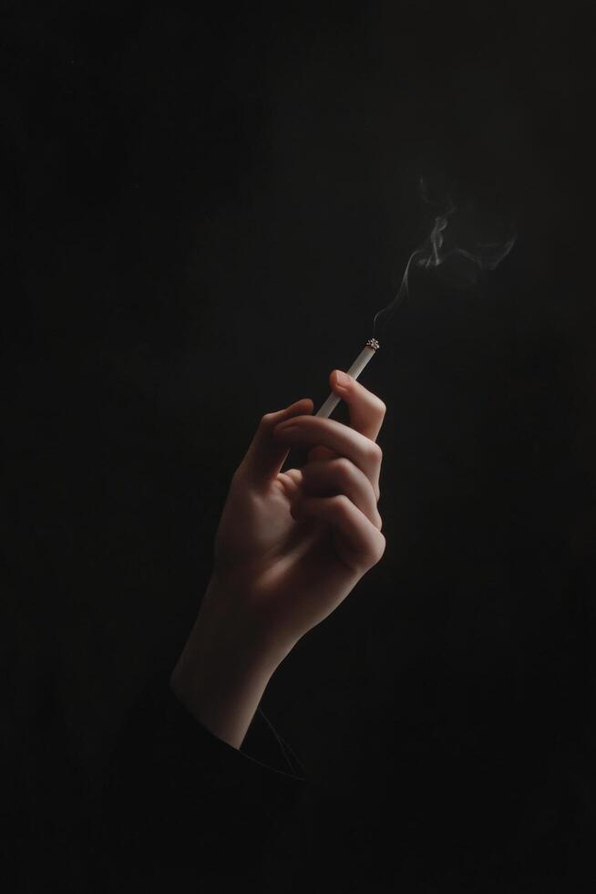 Close-up of a hand holding a cigarette with smoke on black background photo