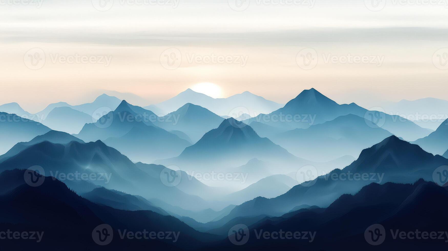 Fog-covered mountains at dusk with a setting sun photo