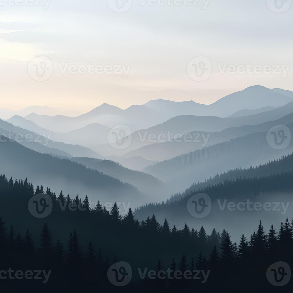Foggy evening mountains with layers of mist and trees photo