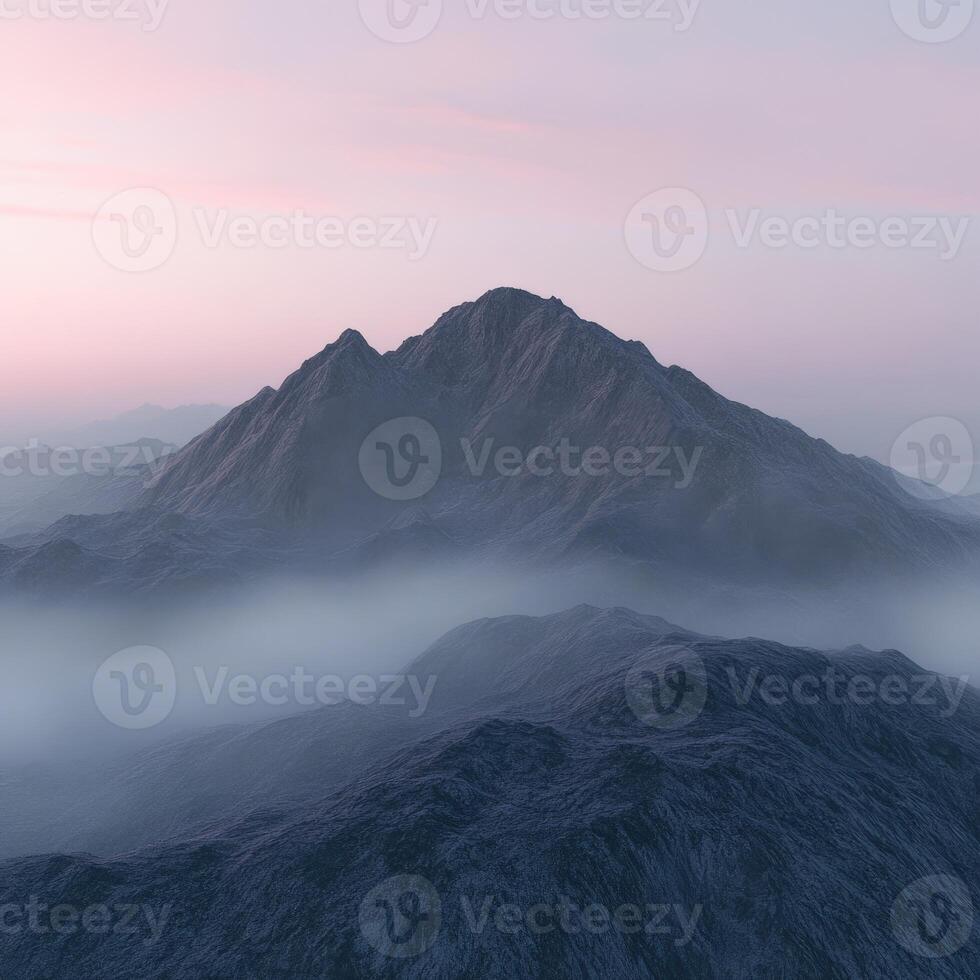 Fog-covered mountains at dusk create a serene evening landscape photo