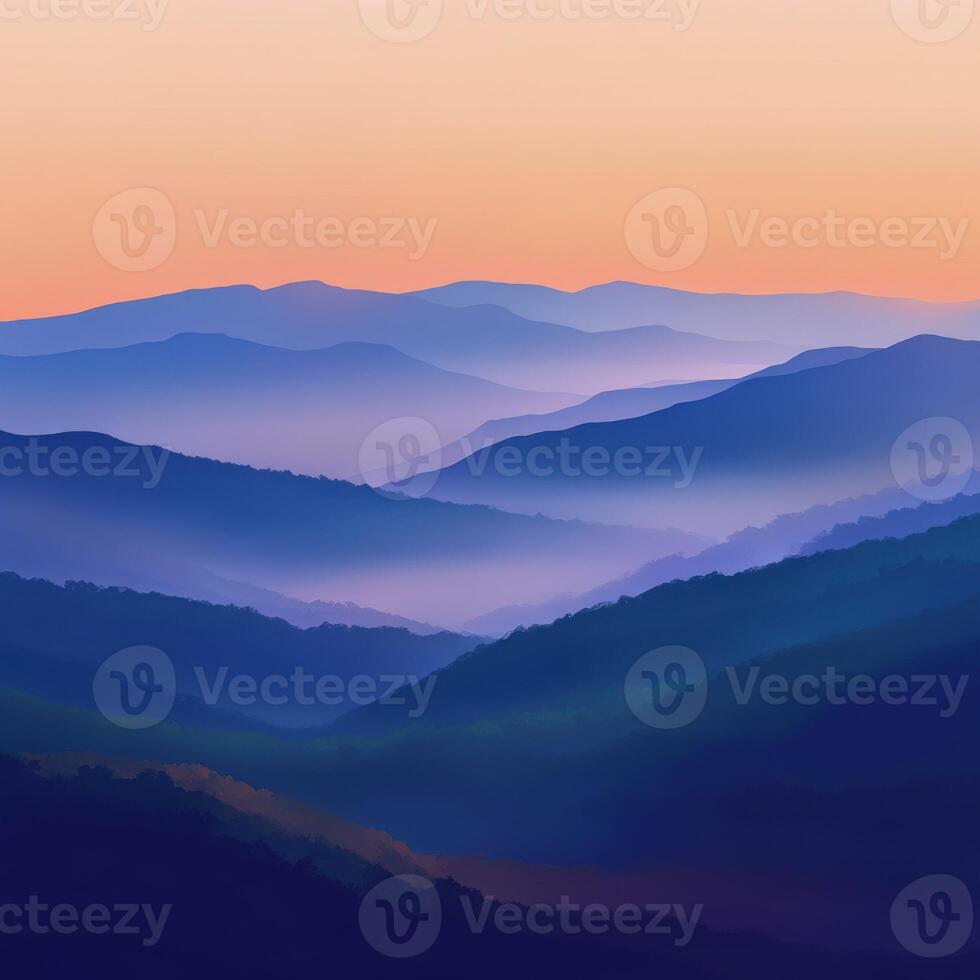 Foggy evening mountains at dusk with layered peaks photo