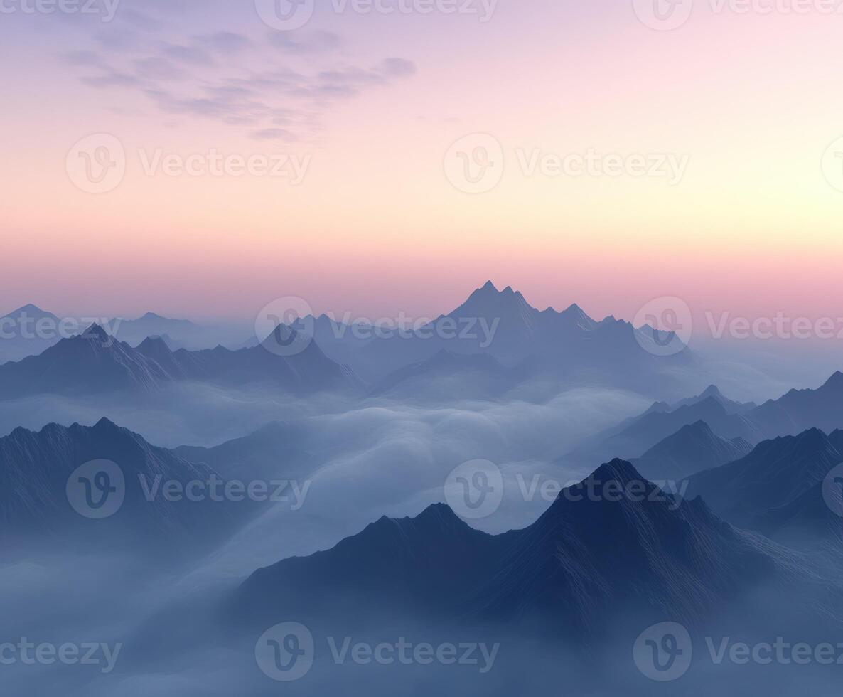 Foggy evening mountains at sunset with soft hues and distant peaks photo
