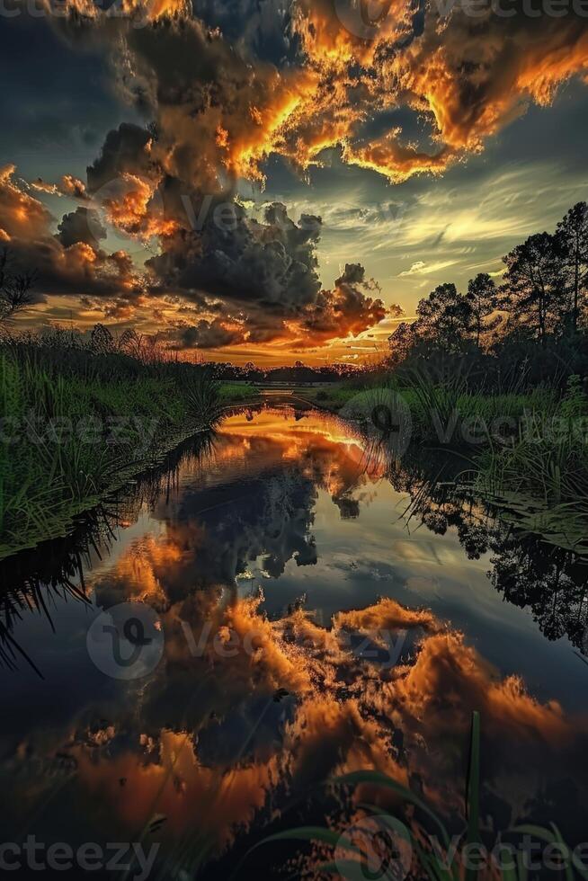 Dramatic night clouds reflecting on tranquil lake waters at sunset photo