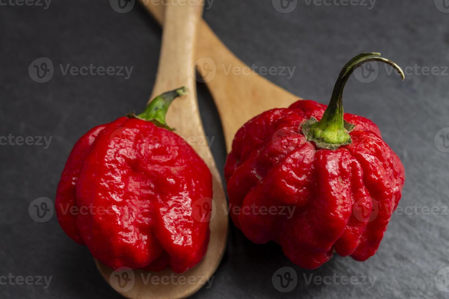 Two red hot peppers on a wooden spoon photo