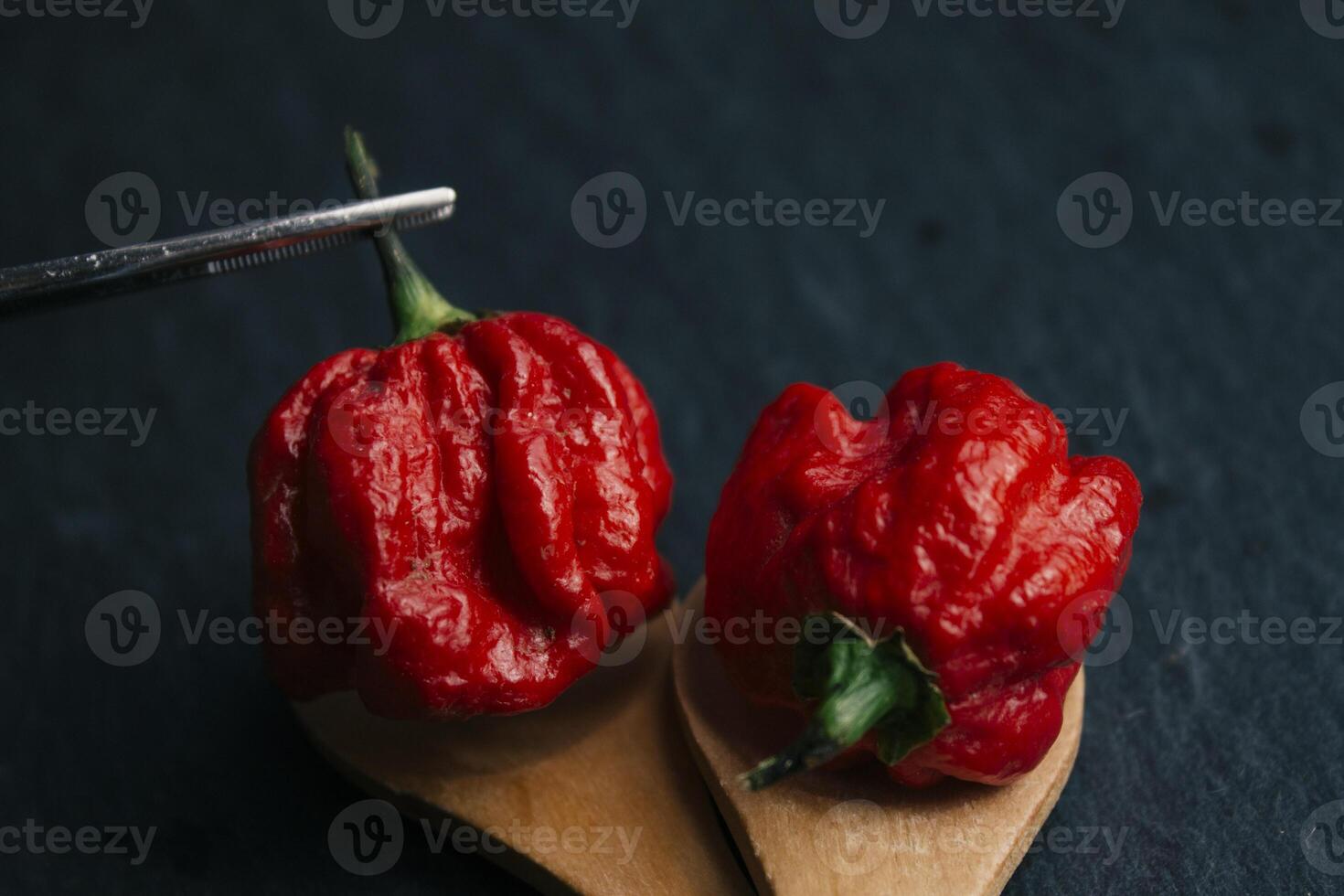 Two red hot peppers on a wooden spoon photo
