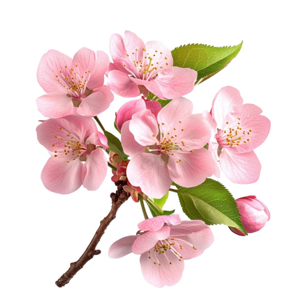 Pink Cherry Blossom Branch with Leaves on Transparent Background. png