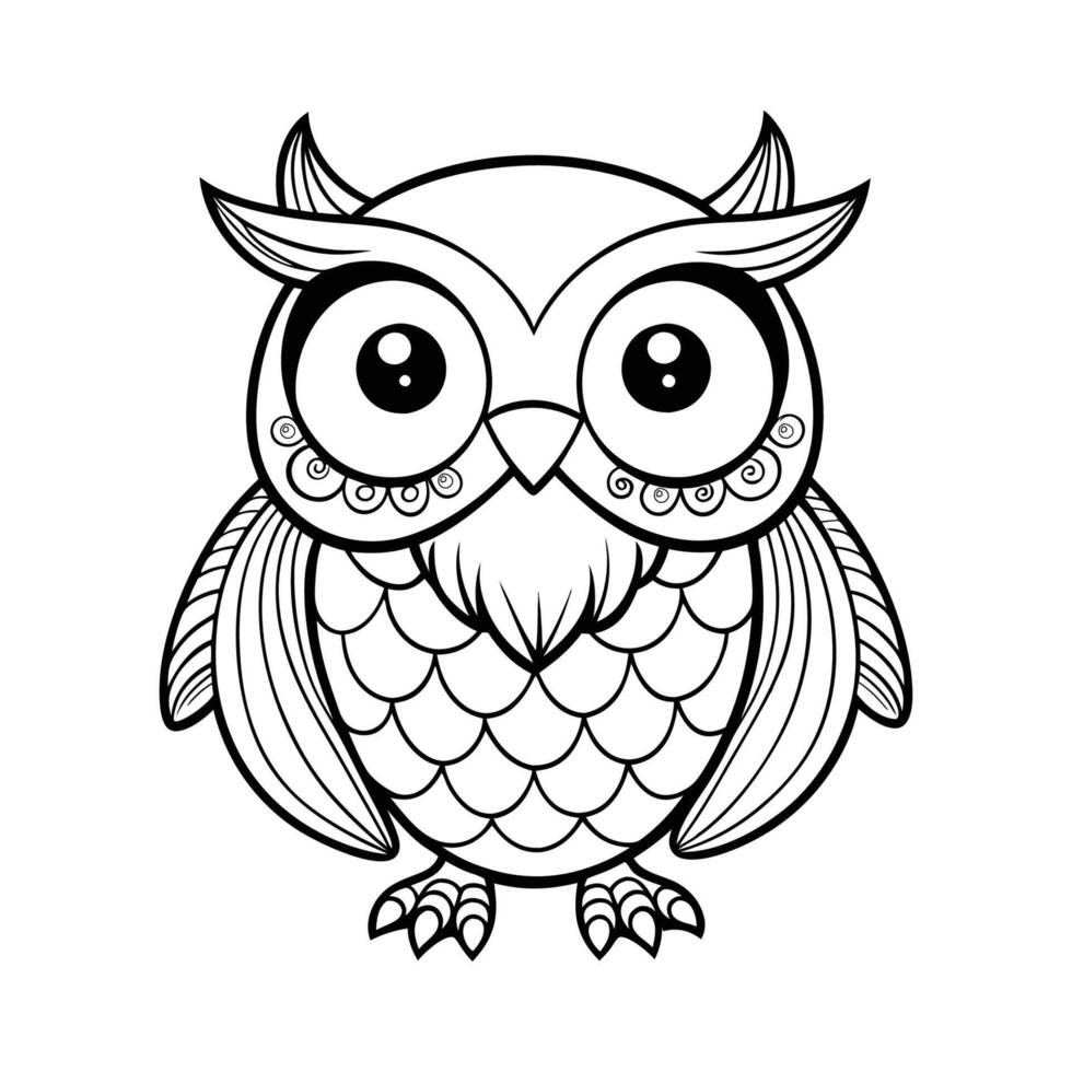 A black and white drawing of a Owl bird vector
