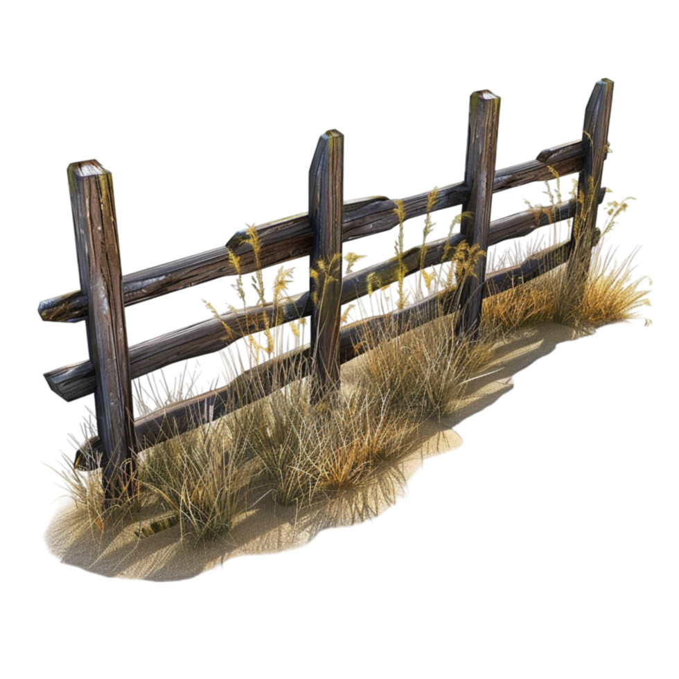 Wooden Fence with Grass and Weeds on Transparent Background. png