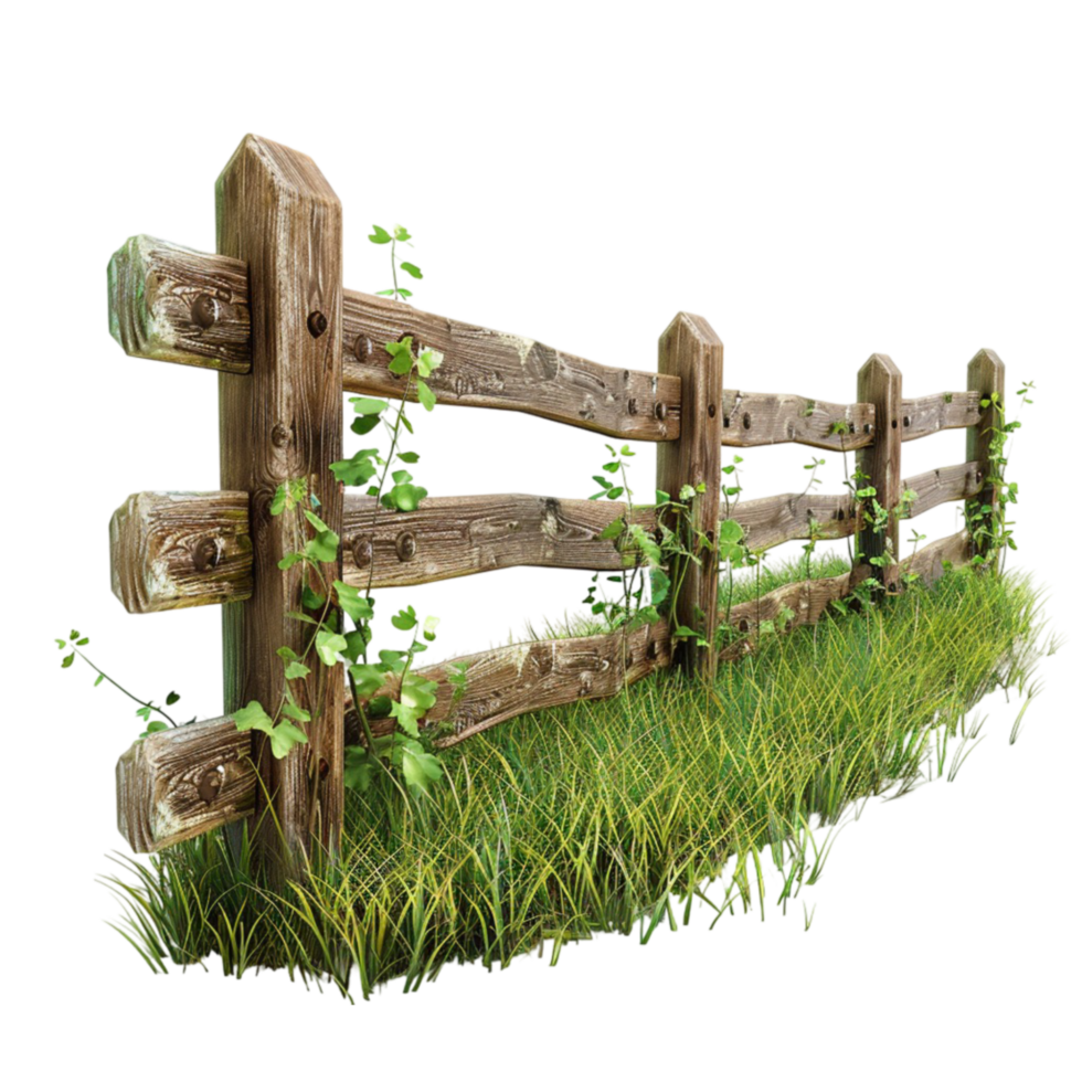 Wooden Fence with Grass and Plants on Transparent Background. png