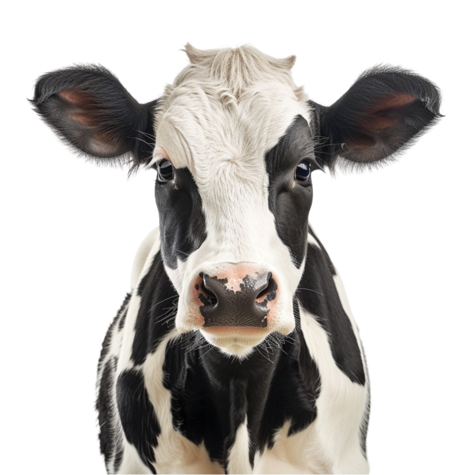 Black and White Spotted Cow Face on Transparent Background. png