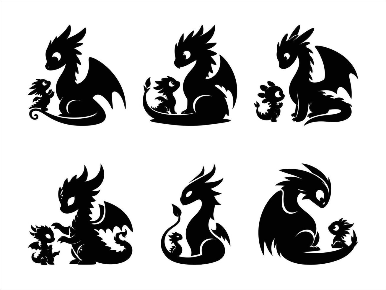 Mom And Baby Dragon silhouette. Motherly Love, Dragon Silhouette Art. vector