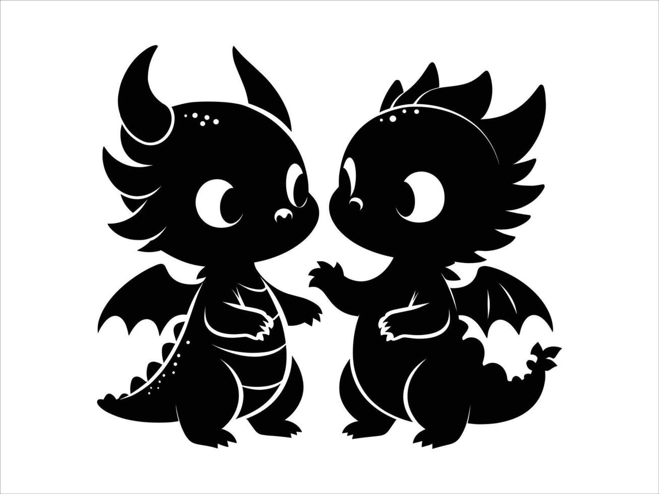 Cute Baby Dragon Couple Silhouette. Dragon Couple Silhouette Illustration. vector