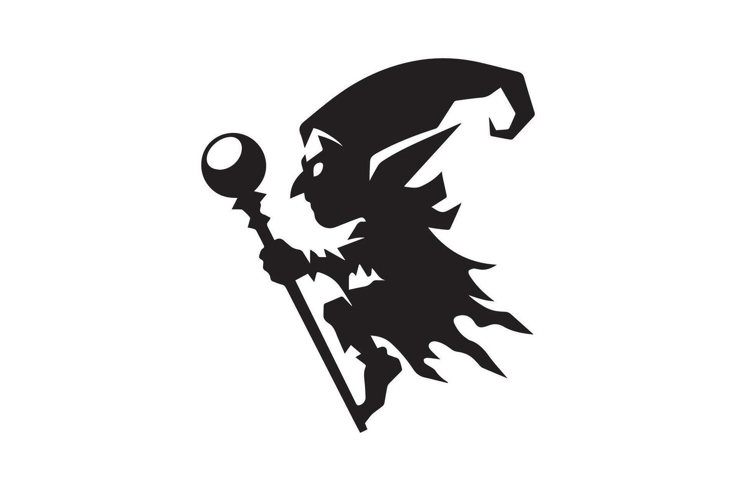 A black and white silhouette of a gnome holding a staff vector