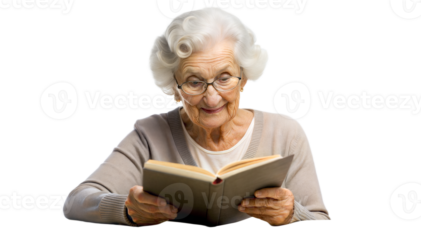 Elderly woman reading book isolated on transparent background png