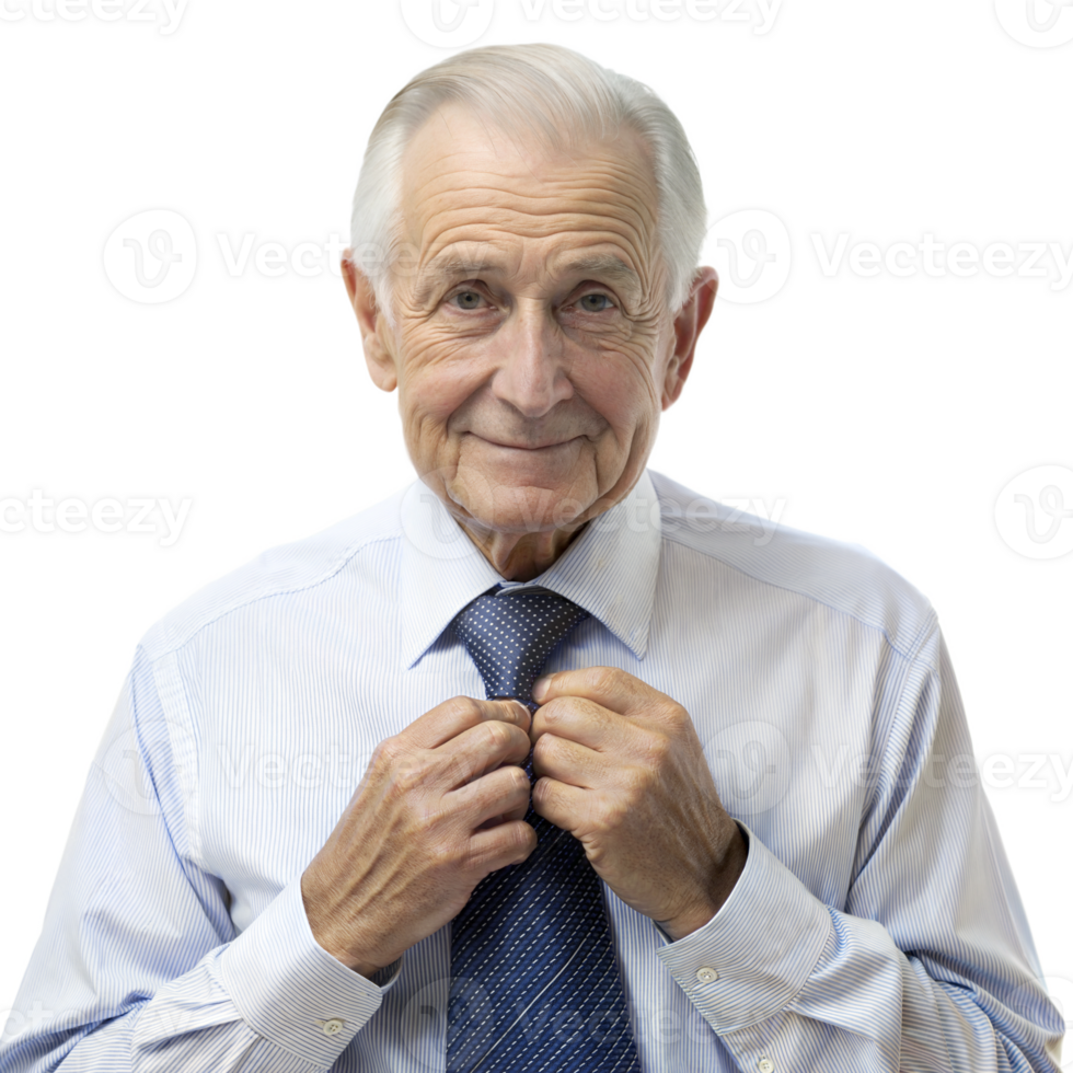 Elderly man adjusting tie isolated on transparent background png