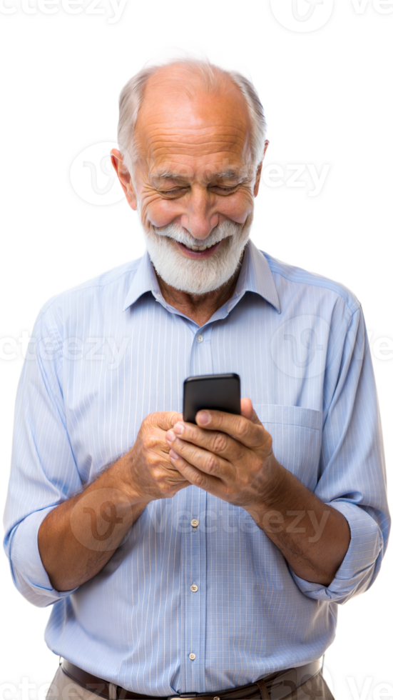 Elderly man using smartphone isolated on transparent background png
