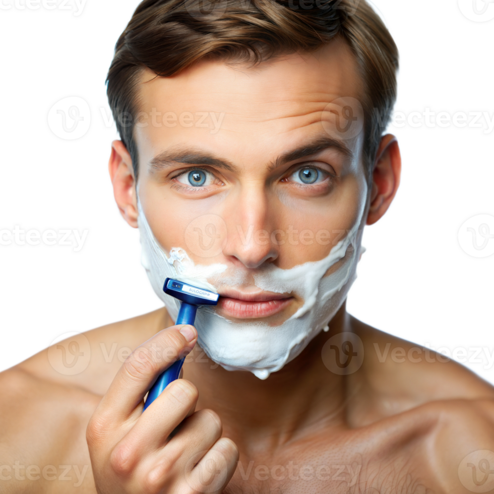 Elderly man shaving face with razor isolated on transparent background png