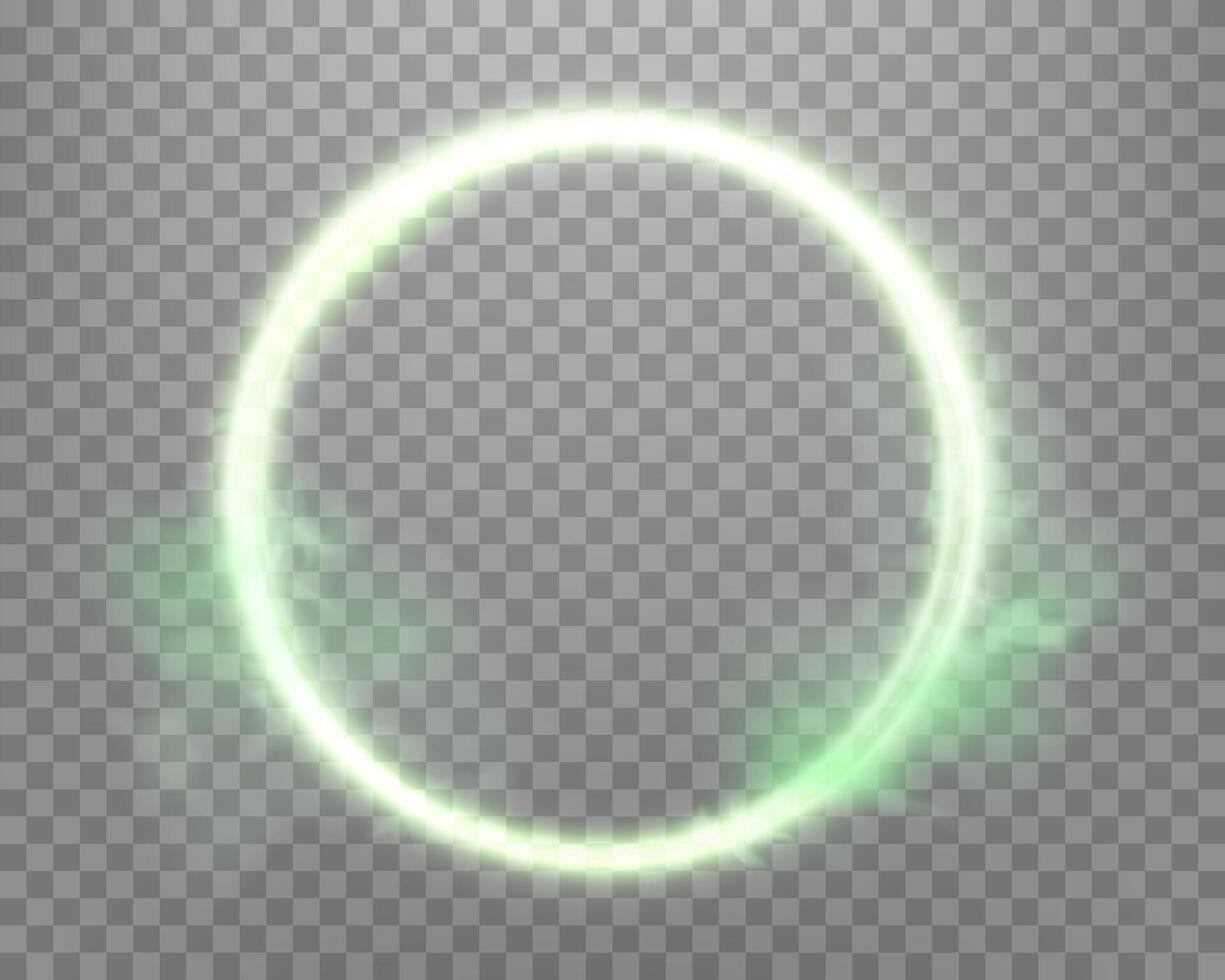 Green magic glowing ring with smoke. Neon realistic energy flare halo ring. Abstract light effect vector
