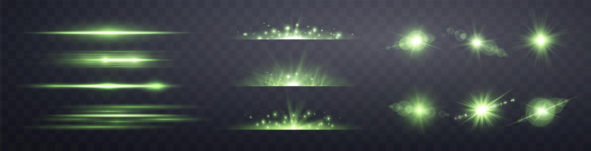 Green horizontal lensflare set. Sun flash with rays spotlight and bokeh. Green glow flare light effect. vector