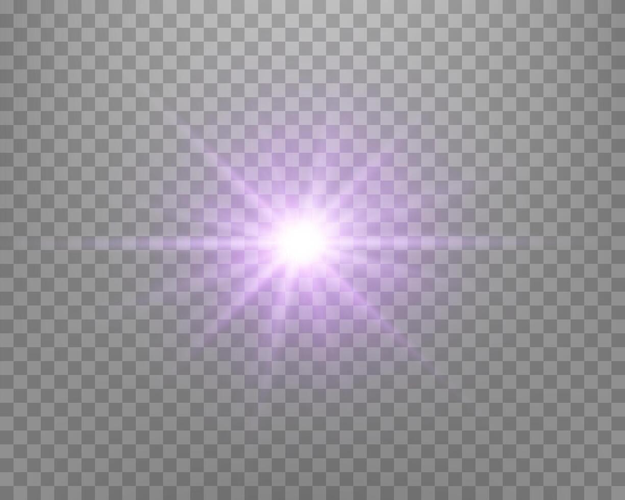 Purple sunlight lens flare, sun flash with rays and spotlight. Glowing burst explosion vector