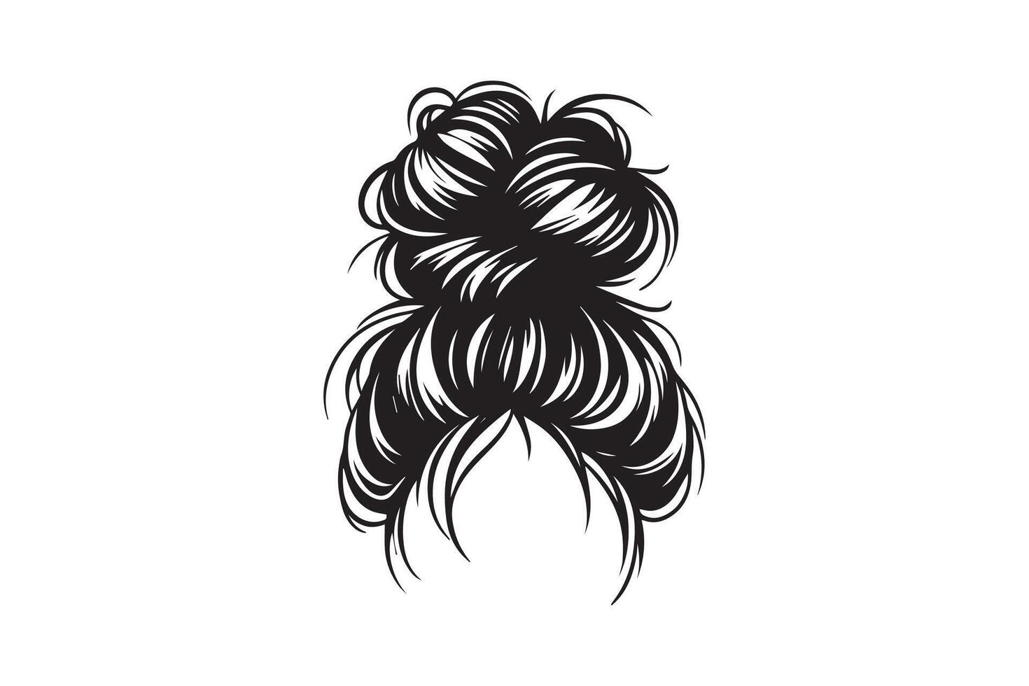 Hair bun with a messy bun, black and white illustration vector