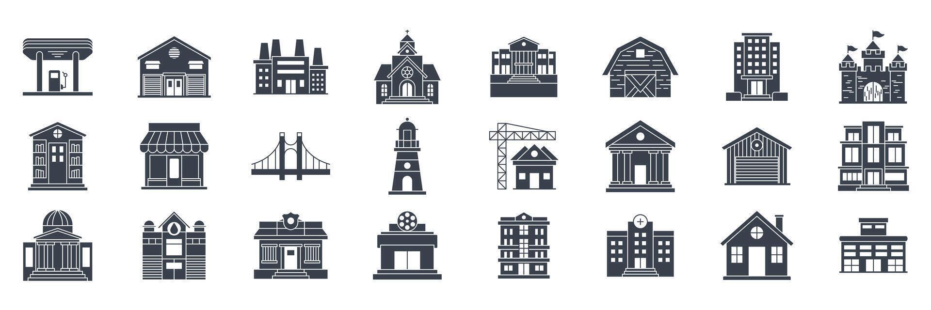 Building icons set, Included icons as Apartment, Mall, Warehouse, Lighthouse and more symbols collection, logo isolated illustration vector