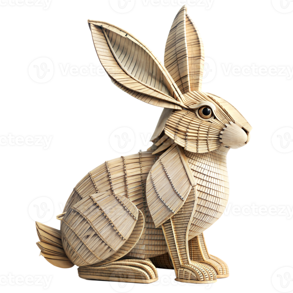 Elegant wooden rabbit figurine sitting with detailed craftsmanship png