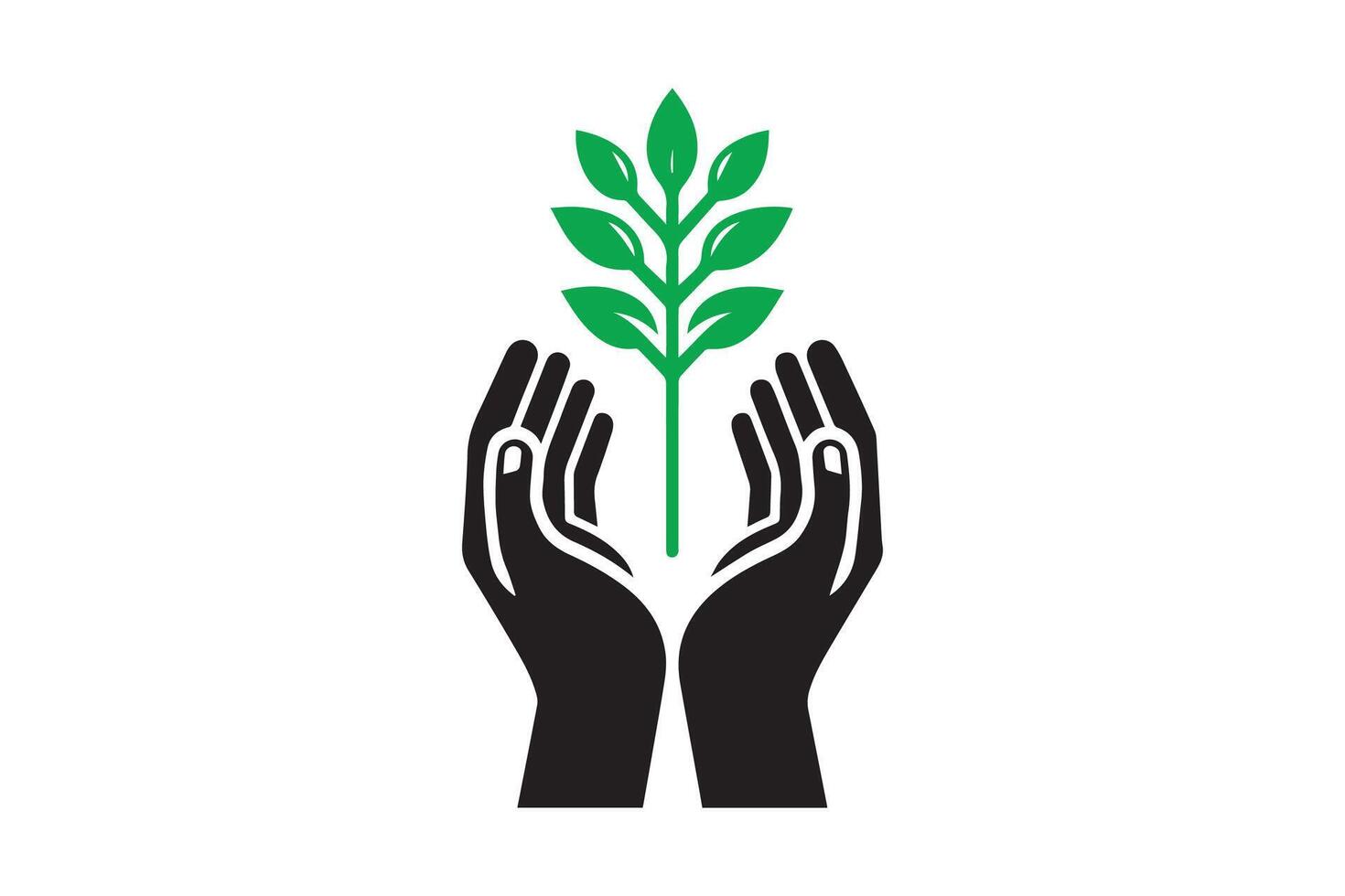 Hands holding a plant icon, with a green leaf vector