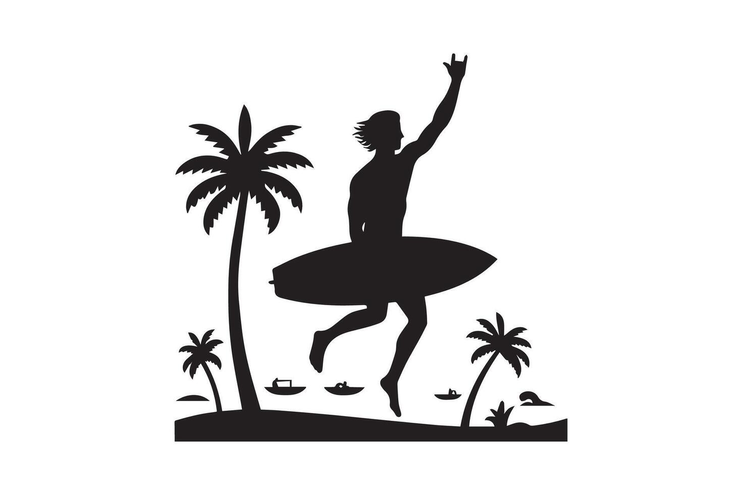 Surfer man on surfboard in the ocean with palm trees vector