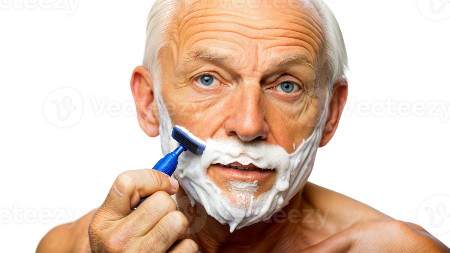 Old man shaving with foam isolated on transparent background png